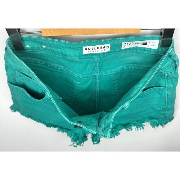 Bullhead Jean Shorts Cut Offs Women Size 5 Green Low Rise Stretch Denim Frayed - Picture 5 of 11